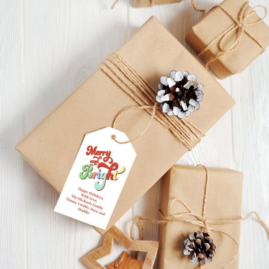 Retro vrolijk en helder kerstpakket cadeaulabel