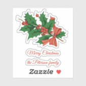 Retro Vrolijk Kerstfeest Holly Bow Naam Sticker (Vel)