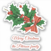 Retro Vrolijk Kerstfeest Holly Bow Naam Sticker (Voorkant)