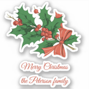 Retro  Vrolijk Kerstfeest Holly Bow Naam Sticker