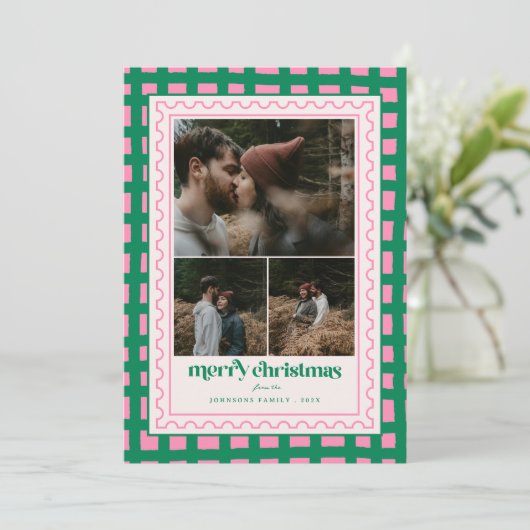 Retro Vrolijk Kerstfeest Plaid familie Foto Vakant Feestdagenkaart (Staand voorkant)