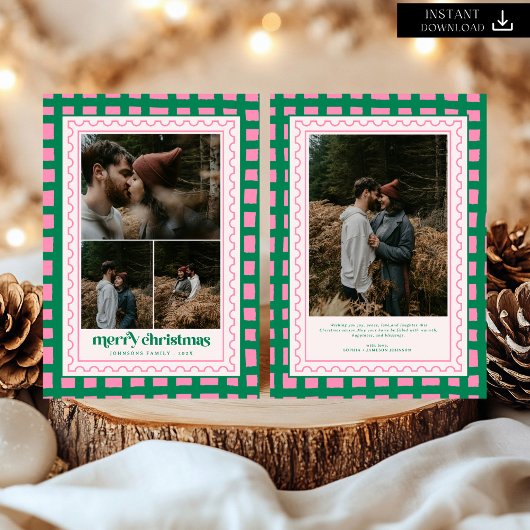 Retro Vrolijk Kerstfeest Plaid familie Foto Vakant Feestdagenkaart