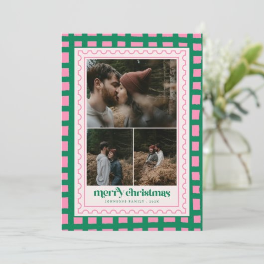 Retro Vrolijk Kerstfeest Plaid familie Foto Vakant Feestdagenkaart (Staand voorkant)
