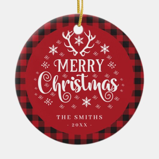 Retro Vrolijk Kerstfeest Rood en Wit Custom Keramisch Ornament (Voorkant)