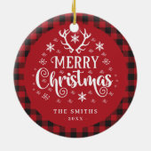 Retro Vrolijk Kerstfeest Rood en Wit Custom Keramisch Ornament (Achterkant)