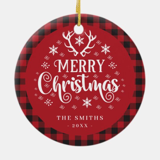 Retro Vrolijk Kerstfeest Rood en Wit Custom Keramisch Ornament (Achterkant)
