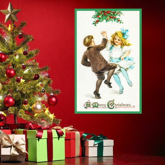Retro Vrolijk Kerstfeest Schattige Kind Green Hol Poster