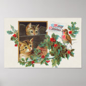  Retro Vrolijk Kerstfeest Schattigee Cat Bird Berr Poster (Voorkant)