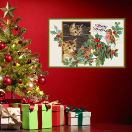  Retro Vrolijk Kerstfeest Schattigee Cat Bird Berr Poster