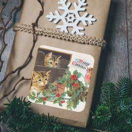  Retro Vrolijk Kerstfeest Schattigee Katten Vogel  Vierkante Sticker