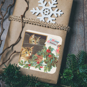 Retro Vrolijk Kerstfeest Schattigee Katten Vogel  Vierkante Sticker