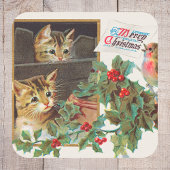  Retro Vrolijk Kerstfeest Schattigee Katten Vogel  Vierkante Sticker