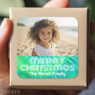 Retro vrolijk kerstfeest Tie-Dye turquoise Foto 70 Vierkante Sticker