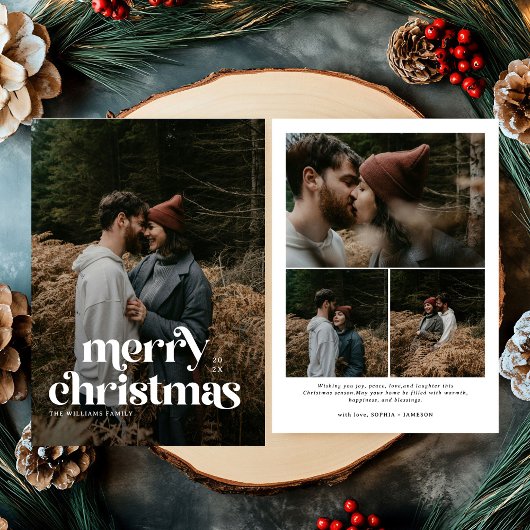 Retro Vrolijk Kerstfeest Trendy foto familie Feestdagenkaart