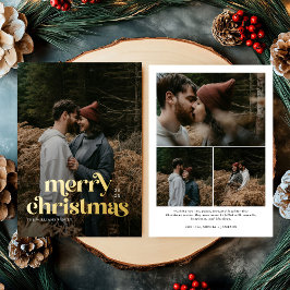 Retro Vrolijk Kerstfeest Trendy foto familie Folie Feestdagenkaart