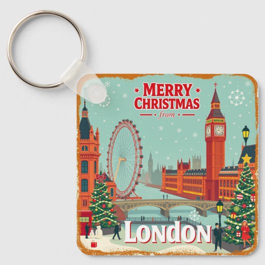 retro vrolijk kerstfeest uit Londen Sleutelhanger (Voorkant)