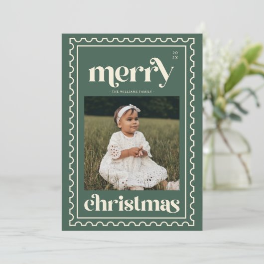 Retro Vrolijk Kerststempel Foto Familie Vakantie Feestdagenkaart (Staand voorkant)