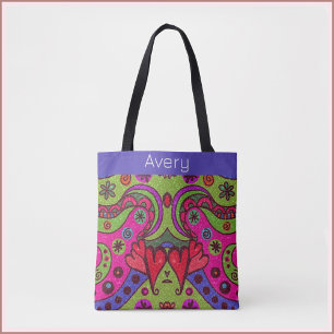 Retro Vrolijke Harten en Bloemen Multicolor Tote Bag