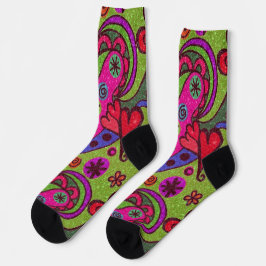 Retro vrolijke harten en bloemen multikleur sokken