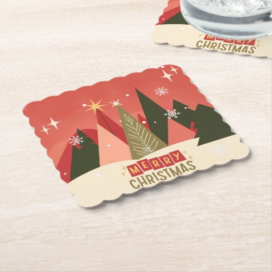 Retro/ Vrolijke Kerstboom Kartonnen Onderzetters (Gebogen)