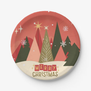 Retro/ Vrolijke Kerstboom Papieren Bordje