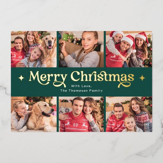 Retro Vrolijke Kerstmis Fotocollage Folie Feestdagenkaart (Voorkant)