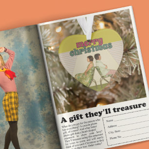 Retro Vrolijke Kerstmis Hart-vormige Foto Ornament