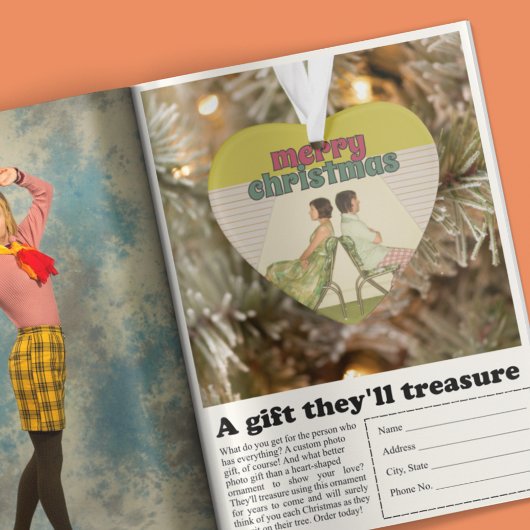 Retro Vrolijke Kerstmis Hart-vormige Foto Ornament