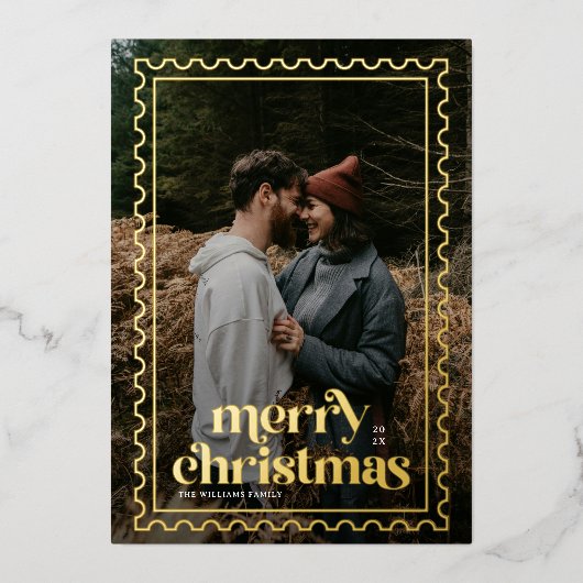 Retro Vrolijke Kerstzegels foto Koppels Folie Feestdagenkaart (Voorkant)