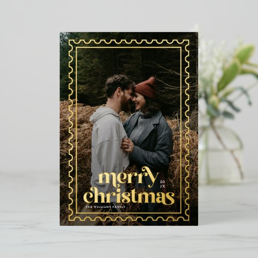 Retro Vrolijke Kerstzegels foto Koppels Folie Feestdagenkaart (Staand Voorkant)