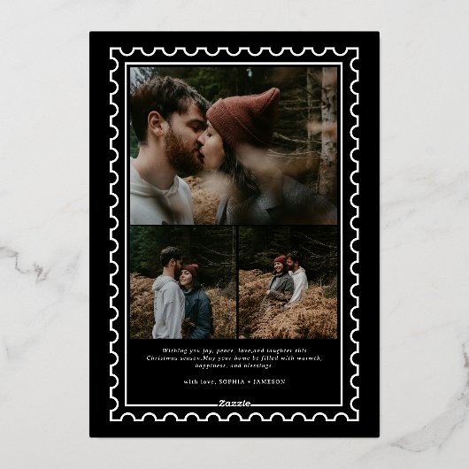 Retro Vrolijke Kerstzegels foto Koppels Folie Feestdagenkaart (Achterkant)