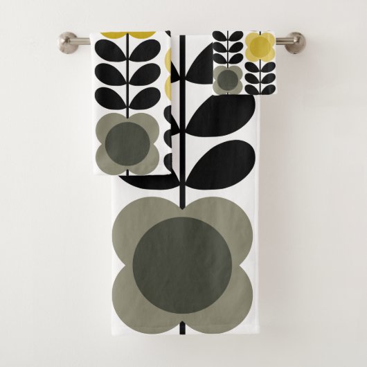 Retro Vrolijke Vlek Bloemen Stem, Geel Grijs Bad Handdoek (Insitu)