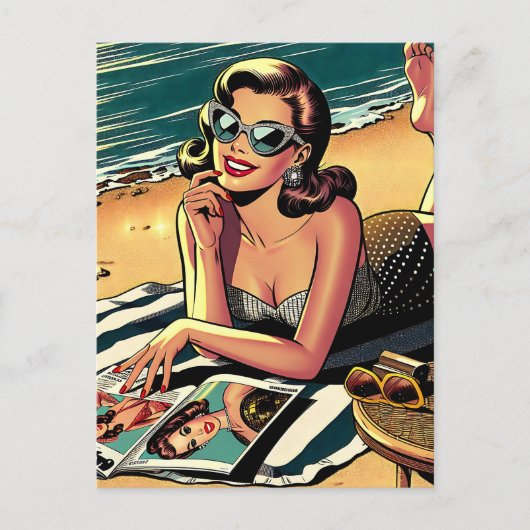 Retro Vrouw aan het strand een Mode Magazine lezen Briefkaart (Voorkant)
