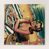 Retro Vrouw aan het strand een Mode Magazine lezen Legpuzzel (Horizontaal)