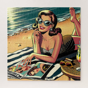 Retro Vrouw aan het strand een Mode Magazine lezen Legpuzzel