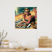 Retro Vrouw aan het strand een Mode Magazine lezen Poster (Keuken)