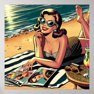 Retro Vrouw aan het strand een Mode Magazine lezen Poster
