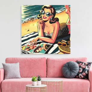 Retro vrouw aan het strand leest een modeblad canvas afdruk