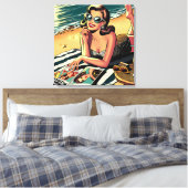 Retro vrouw aan het strand leest een modeblad canvas afdruk (Insitu (Slaapkamer))