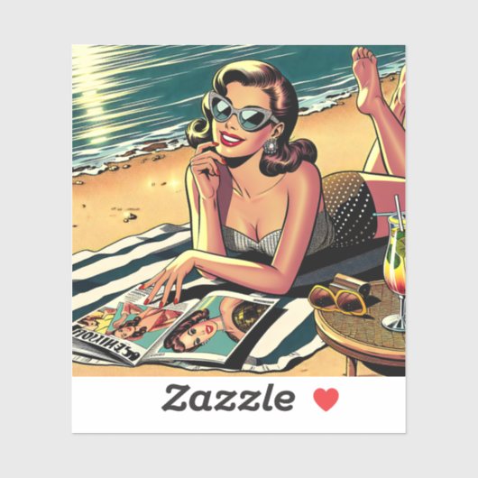 Retro vrouw aan het strand leest een modeblad sticker (Vel)