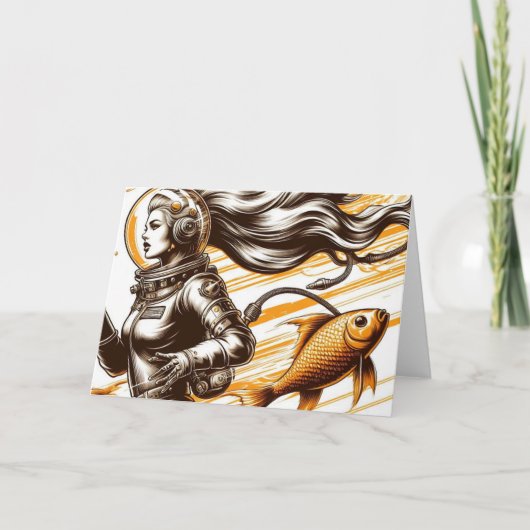 Retro vrouw astronaut en vis Alle Gelegenheid Kaart (Voorkant)