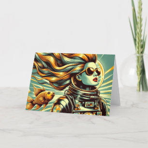 Retro vrouw astronaut en vis Alle Gelegenheid Kaart