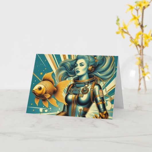 Retro vrouw astronaut en vis Alle Gelegenheid Kaart (Gele Bloem)