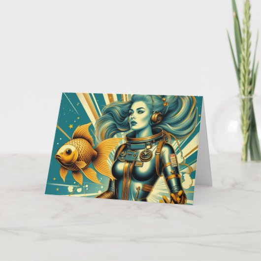 Retro vrouw astronaut en vis Alle Gelegenheid Kaart (Voorkant)