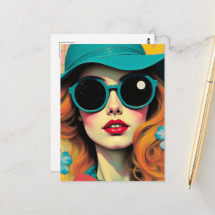 Retro vrouw bijpassende zonnebril en hoed briefkaart