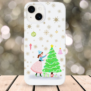 Retro Vrouw die Kerstboom Versiert Case-Mate iPhone 14 Hoesje