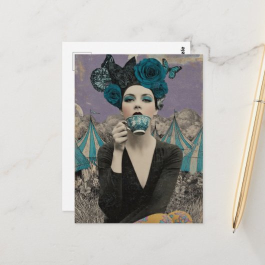 Retro vrouw drinkt thee bij het circus briefkaart (Voorkant / Achterkant in situ)
