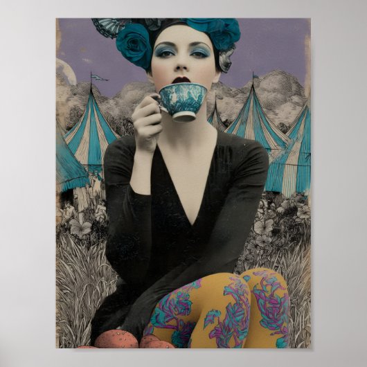 Retro vrouw drinkt thee bij het circus poster (Voorkant)
