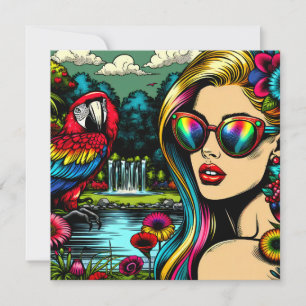 Retro vrouw en papegaai in het park Pop Art Kaart