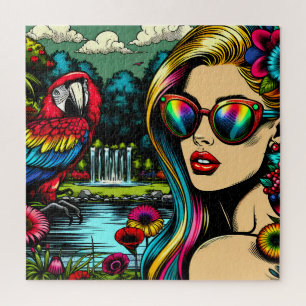 Retro Vrouw en Papegaai in het Park Pop Art  Legpuzzel